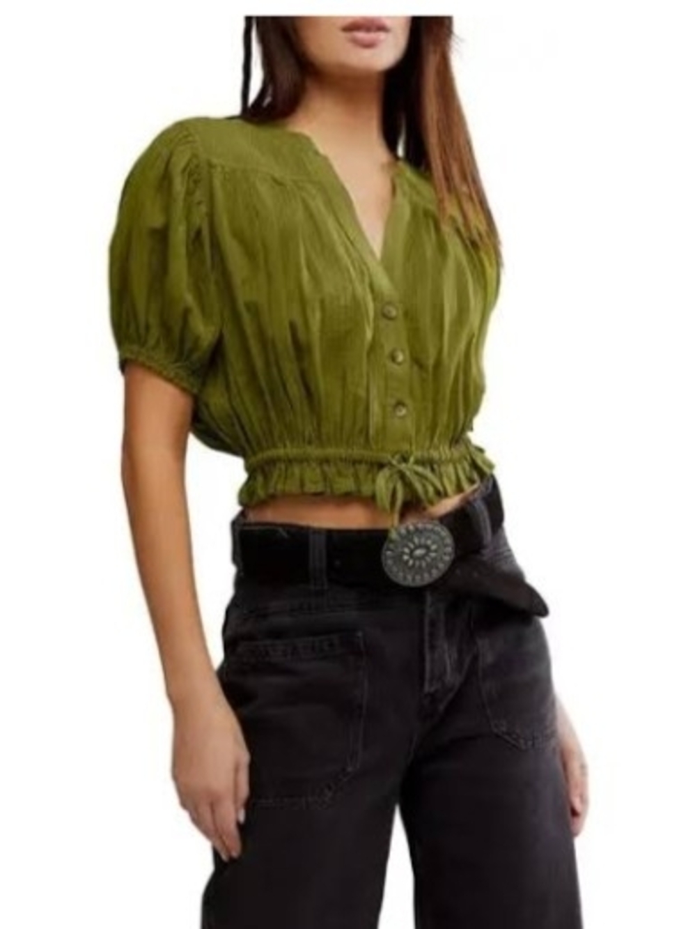 Free People Little Cloud Olive Green Button-Front Cropped Peasant Top, SZ L, EUC